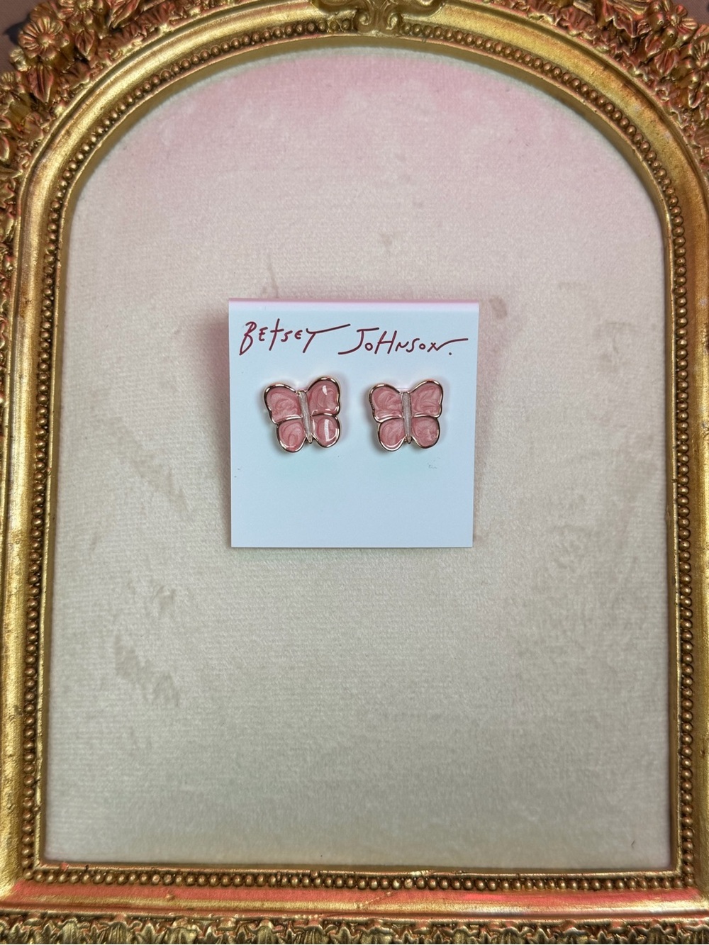 Betsey Johnson Pink Butterfly Stud Earrings Enamel Gold Tone